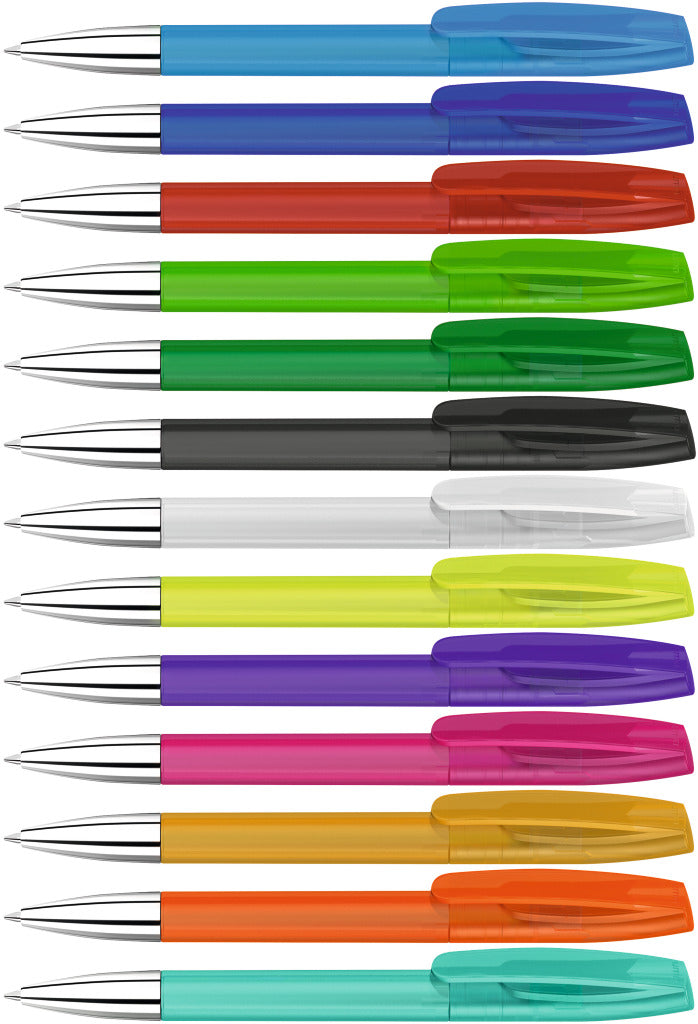 Drehkugelschreiber transparent frozen mit Chromspitze – alle Farben
