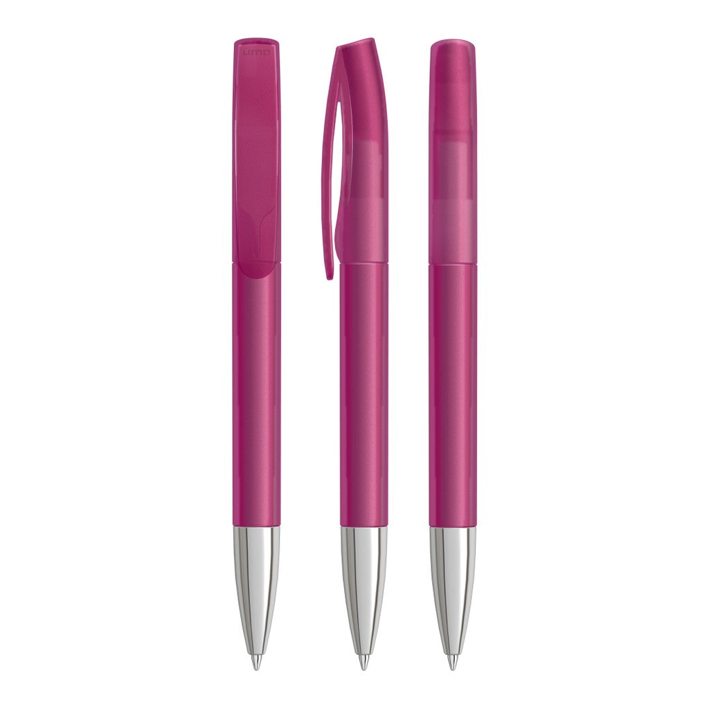 Drehkugelschreiber transparent frozen mit Chromspitze – Magenta