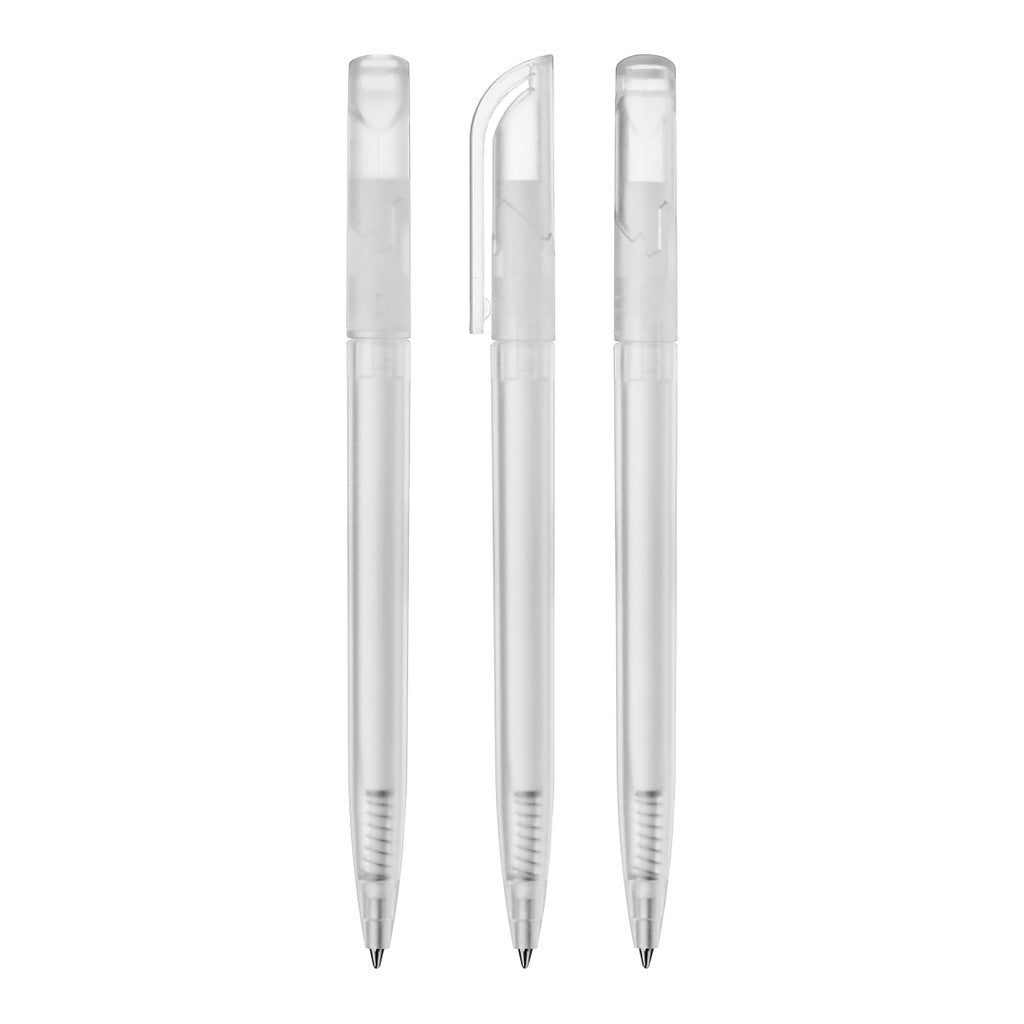 Drehkugelschreiber transparent frozen mit gebogenem Clip – Klar