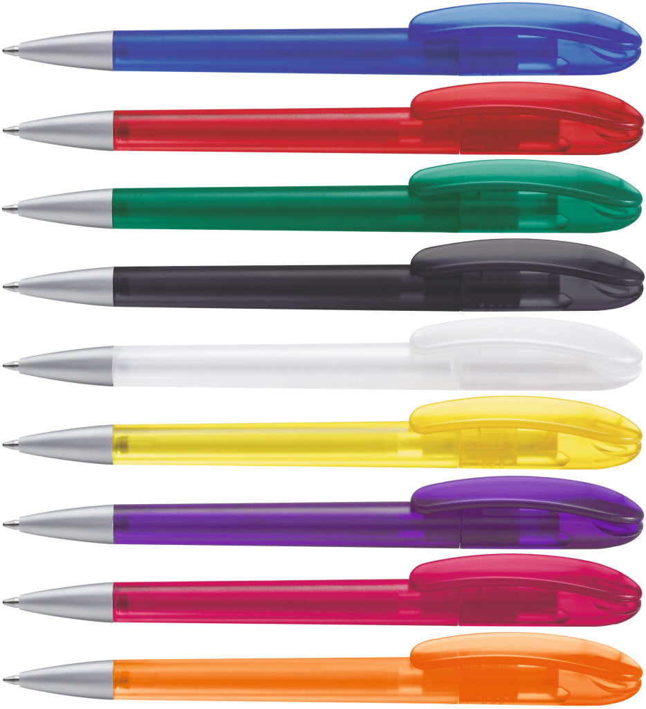 Drehkugelschreiber transparent frozen, schlanker Clip – alle Farben