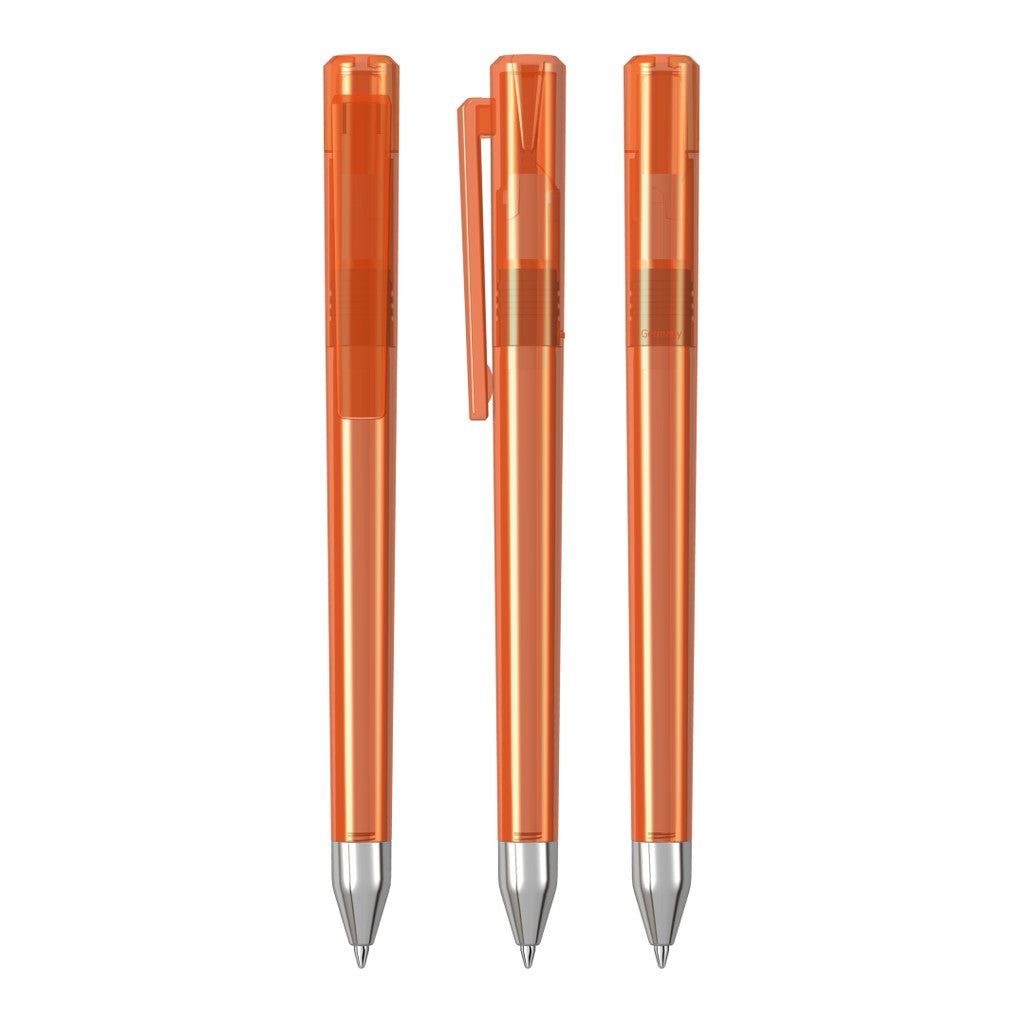 Drehkugelschreiber transparent glänzend, farbiger Stopfen – Orange