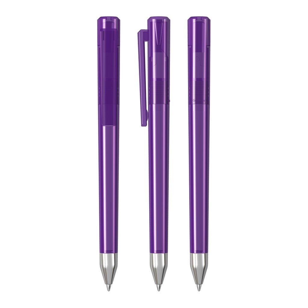 Drehkugelschreiber transparent glänzend, farbiger Stopfen – Violett