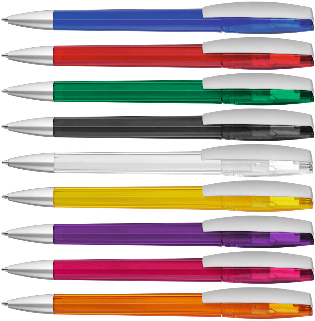 Drehkugelschreiber transparent glänzend, mattes Clipfinish – alle Farben