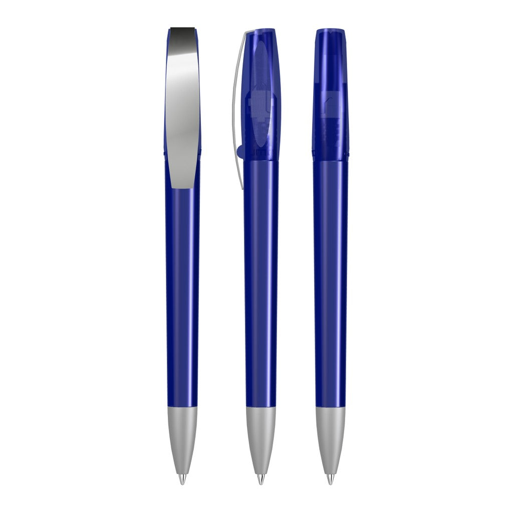 Drehkugelschreiber transparent glänzend, mattes Clipfinish – Dunkelblau