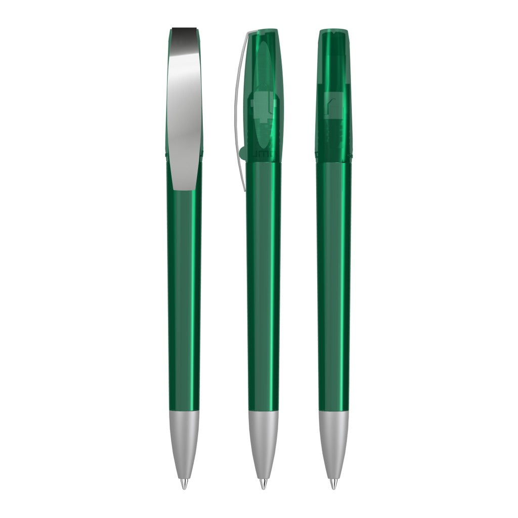 Drehkugelschreiber transparent glänzend, mattes Clipfinish – Dunkelgrün