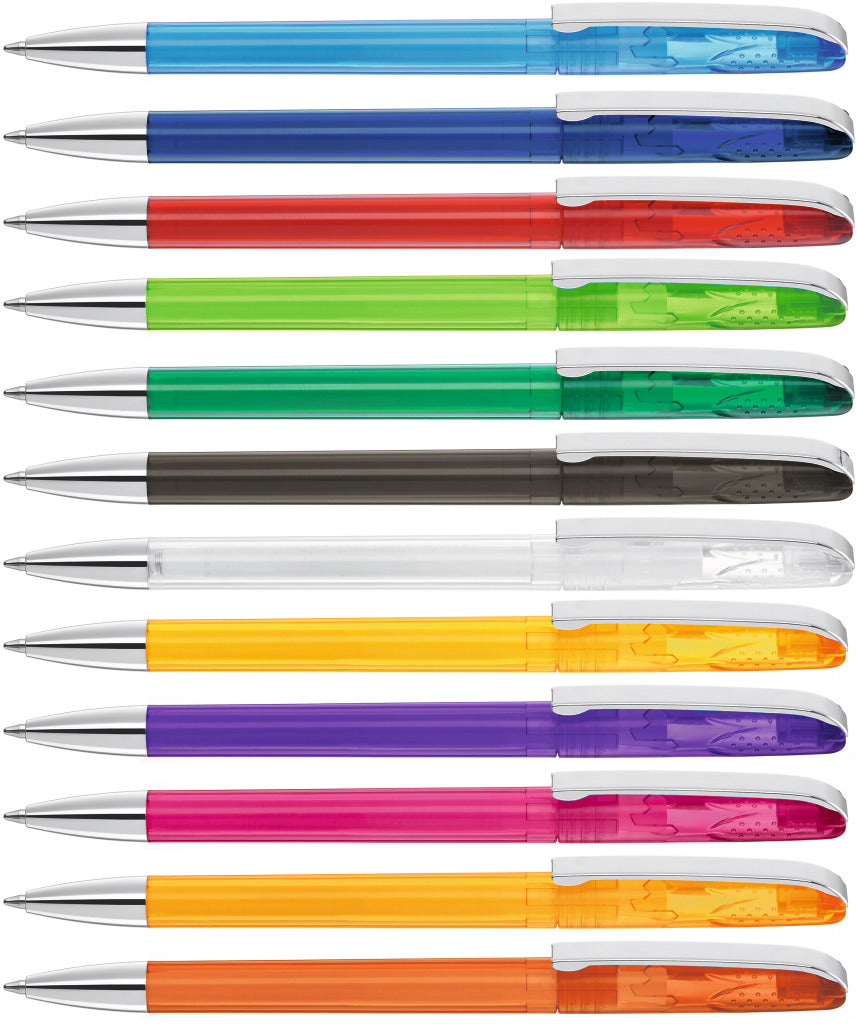 Drehkugelschreiber transparent glänzend mit Kopfrippen – alle Farben