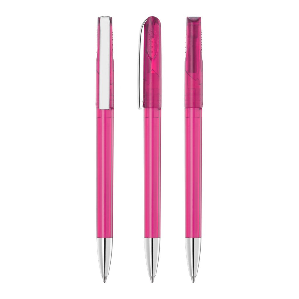 Drehkugelschreiber transparent glänzend mit Kopfrippen – Magenta