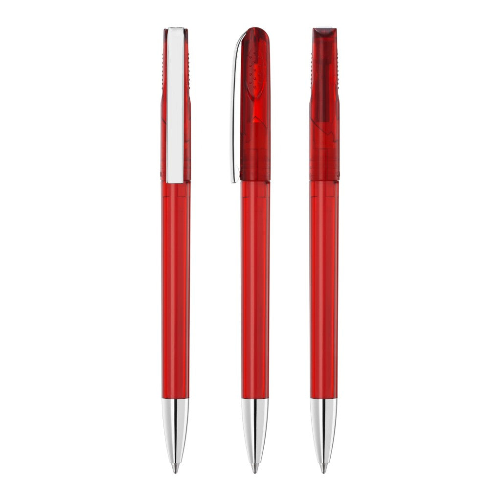 Drehkugelschreiber transparent glänzend mit Kopfrippen – Rot