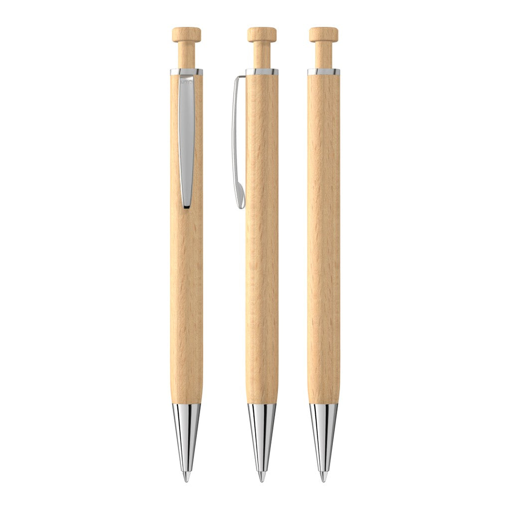 Druckkugelschreiber aus Holz mit Metallclip glänzend