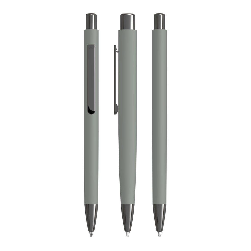 Druckkugelschreiber aus Metall mit Soft Touch Gehäuse – Grau