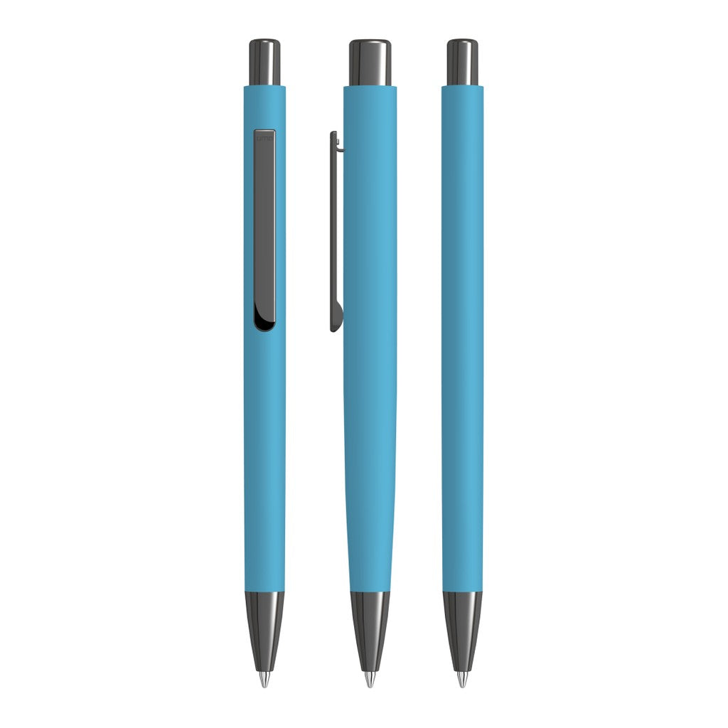 Druckkugelschreiber aus Metall mit Soft Touch Gehäuse – Hellblau