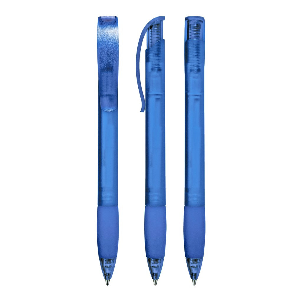 Druckkugelschreiber frozen mit Gummigriffzone und Stopfen – Blau