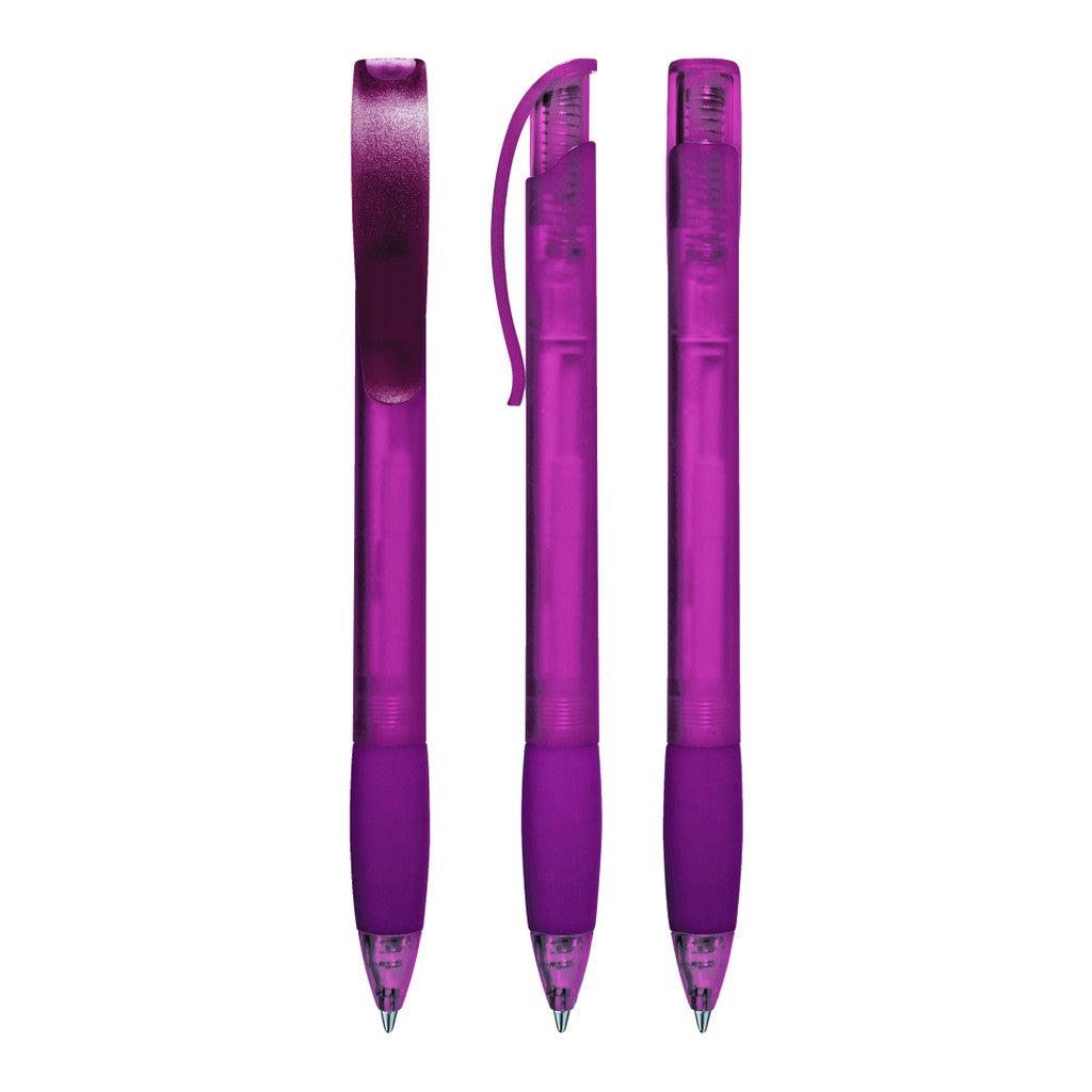 Druckkugelschreiber frozen mit Gummigriffzone und Stopfen – Violett