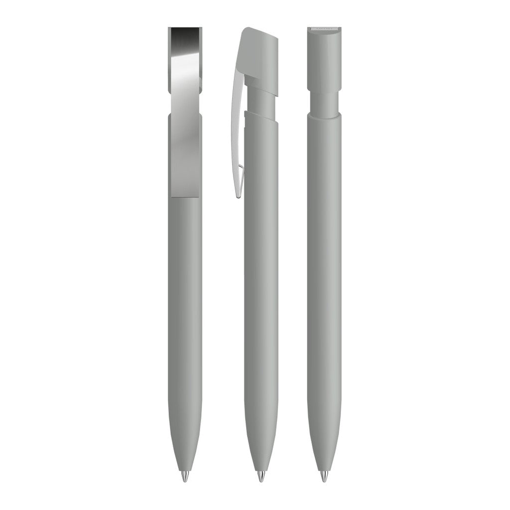 Druckkugelschreiber gummiert mit flexiblem Metallclip – Grau