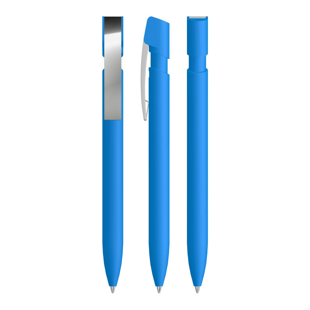 Druckkugelschreiber gummiert mit flexiblem Metallclip – Hellblau