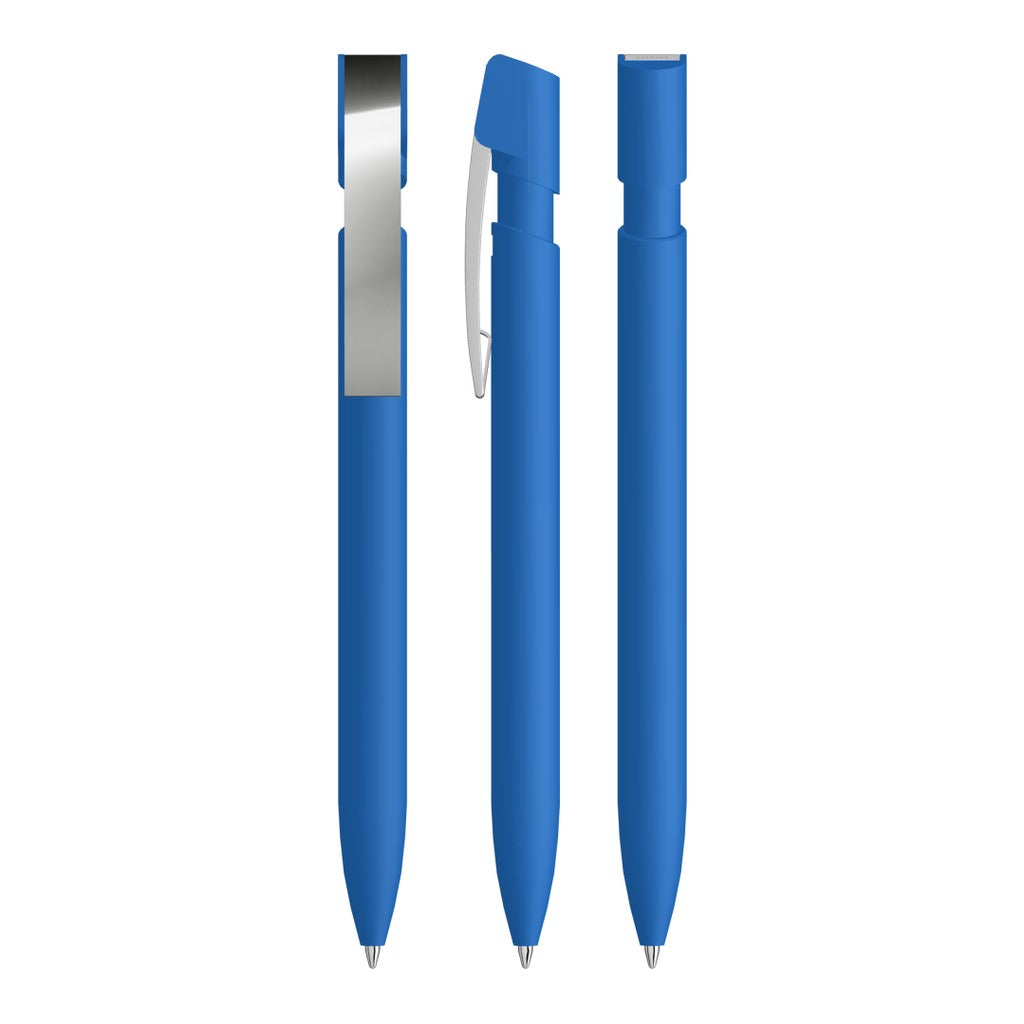 Druckkugelschreiber gummiert mit flexiblem Metallclip – Mittelblau