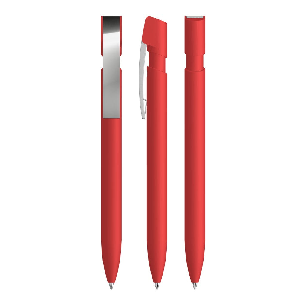 Druckkugelschreiber gummiert mit flexiblem Metallclip – Rot