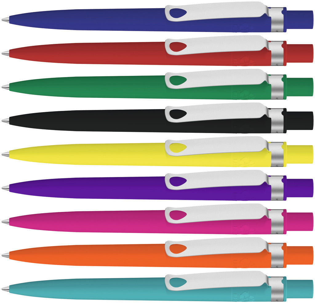 Druckkugelschreiber gummiert mit Tropfenclip – alle Farben