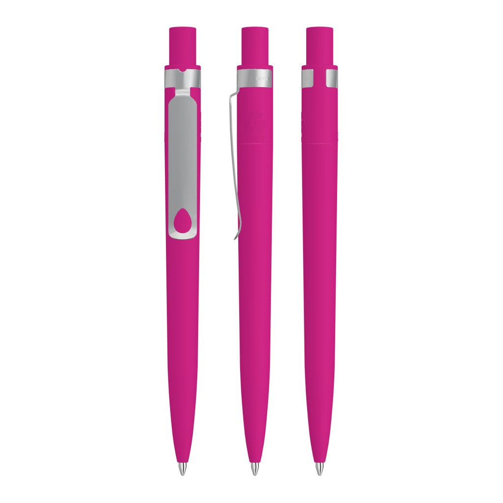 Druckkugelschreiber gummiert mit Tropfenclip – Magenta
