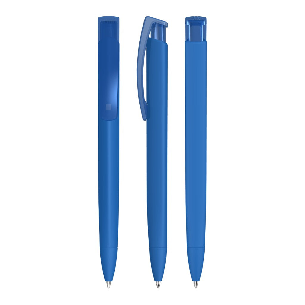 Druckkugelschreiber matt mit transparentem Clip – Mittelblau