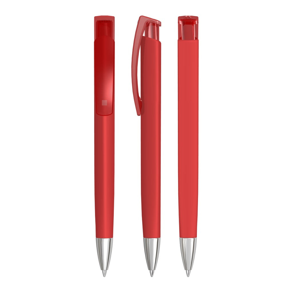 Druckkugelschreiber matt mit transparentem Clip und Spitze – Rot