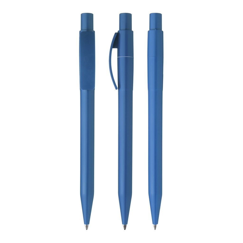 Druckkugelschreiber mit Bogenclip und glänzendem Gehäuse – Mittelblau