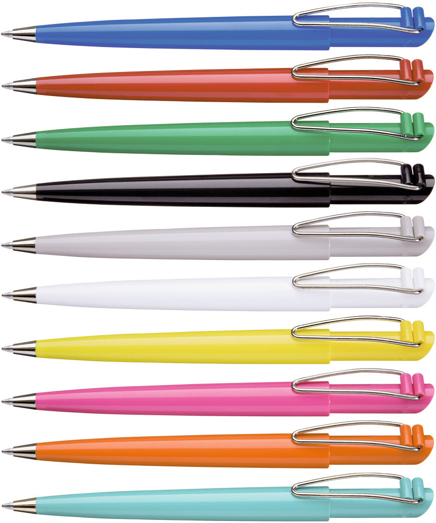 Druckkugelschreiber mit Drahtclip und schräger Kopfform – alle Farben