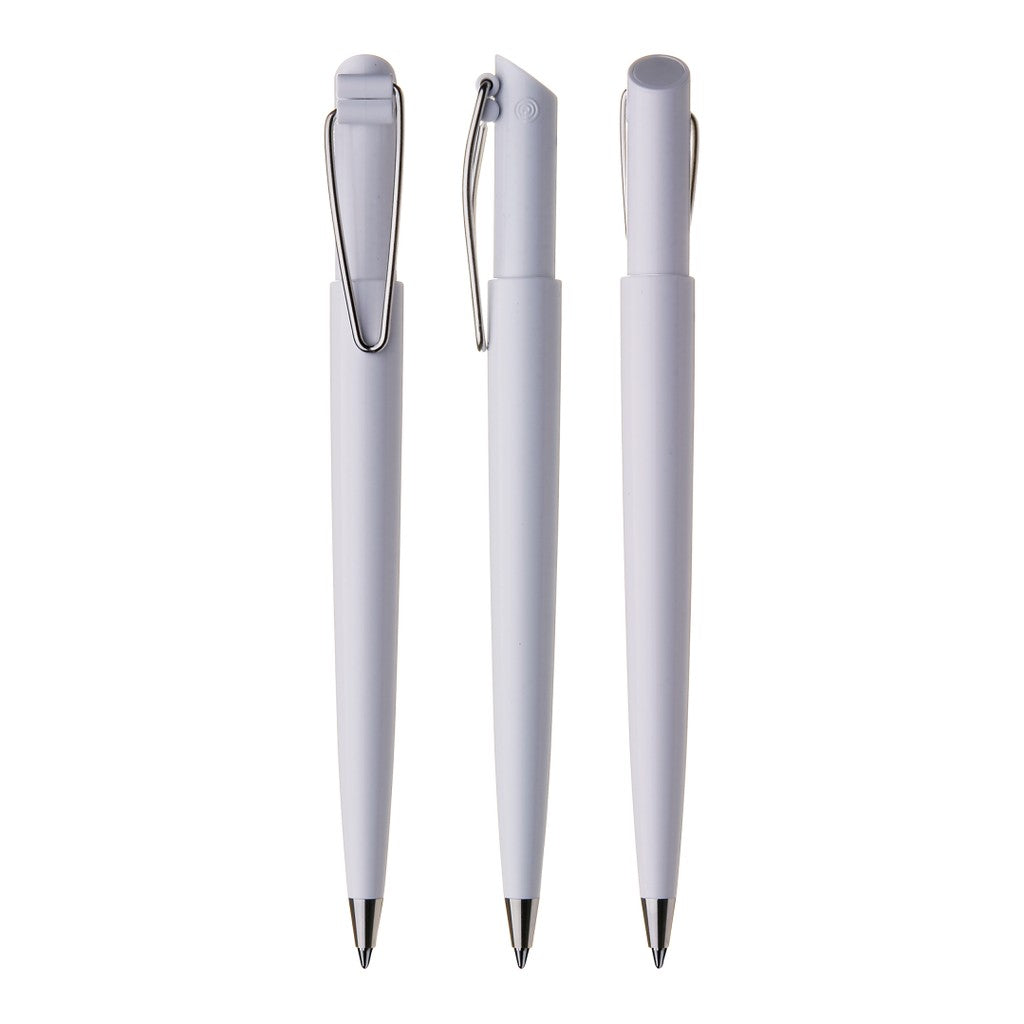 Druckkugelschreiber mit Drahtclip und schräger Kopfform – Weiß