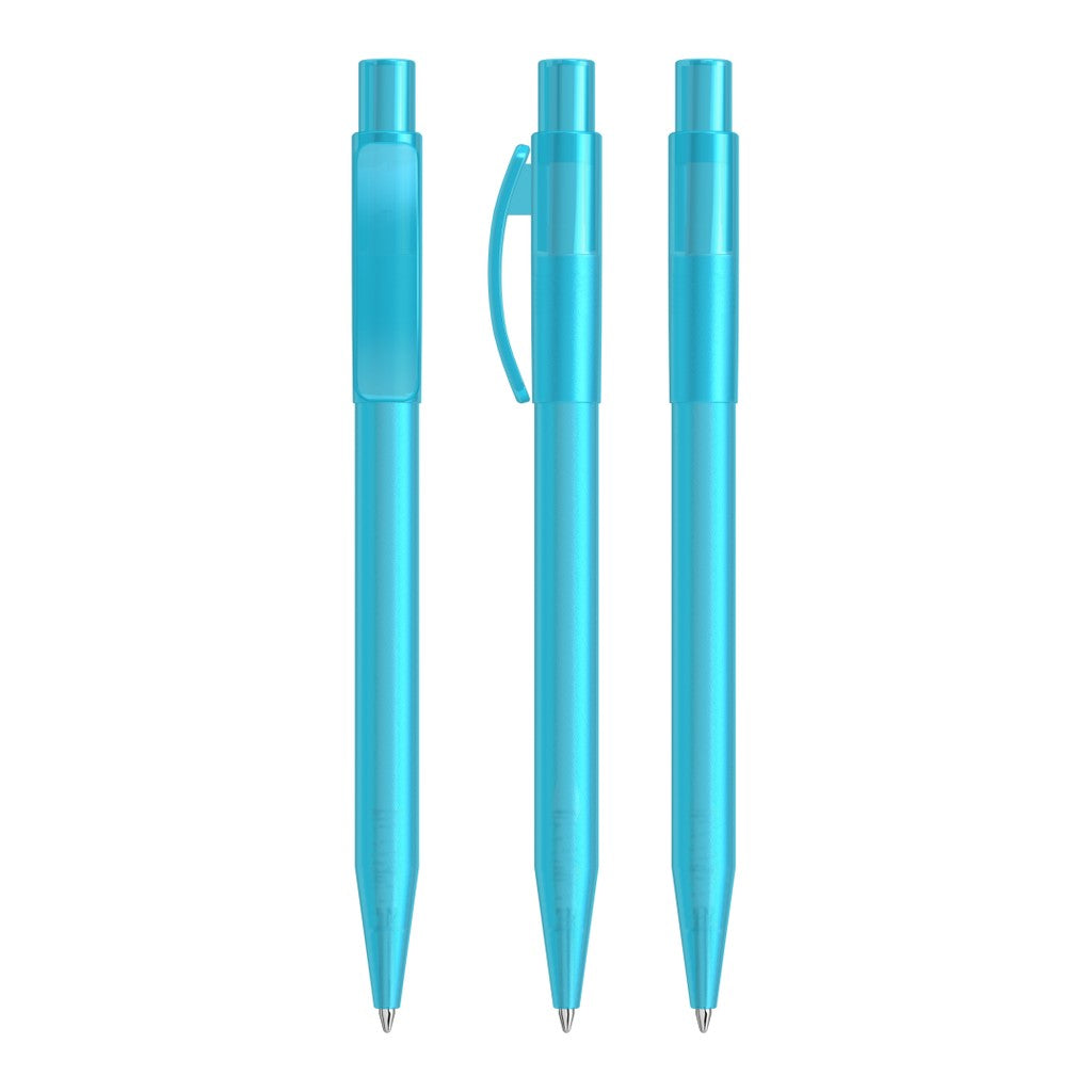 Druckkugelschreiber mit frozen Gehäuse und Bogenclip – Cyan