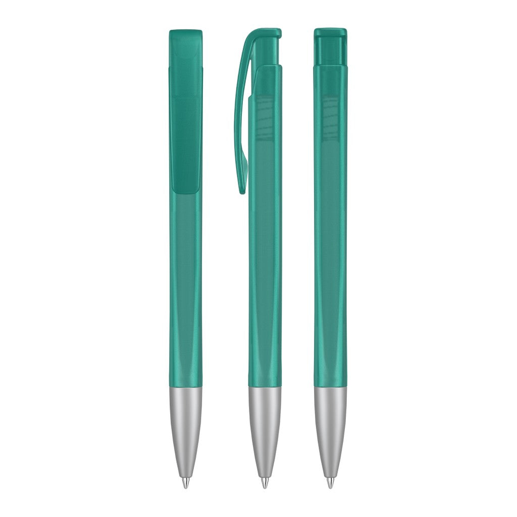 Druckkugelschreiber mit geometrischem Schaft transparent – Petrol