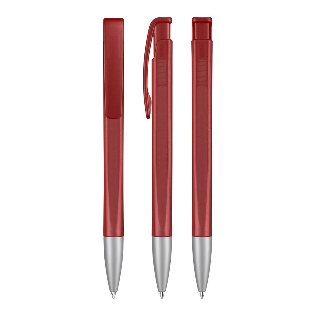 Druckkugelschreiber mit geometrischem Schaft transparent – Rot