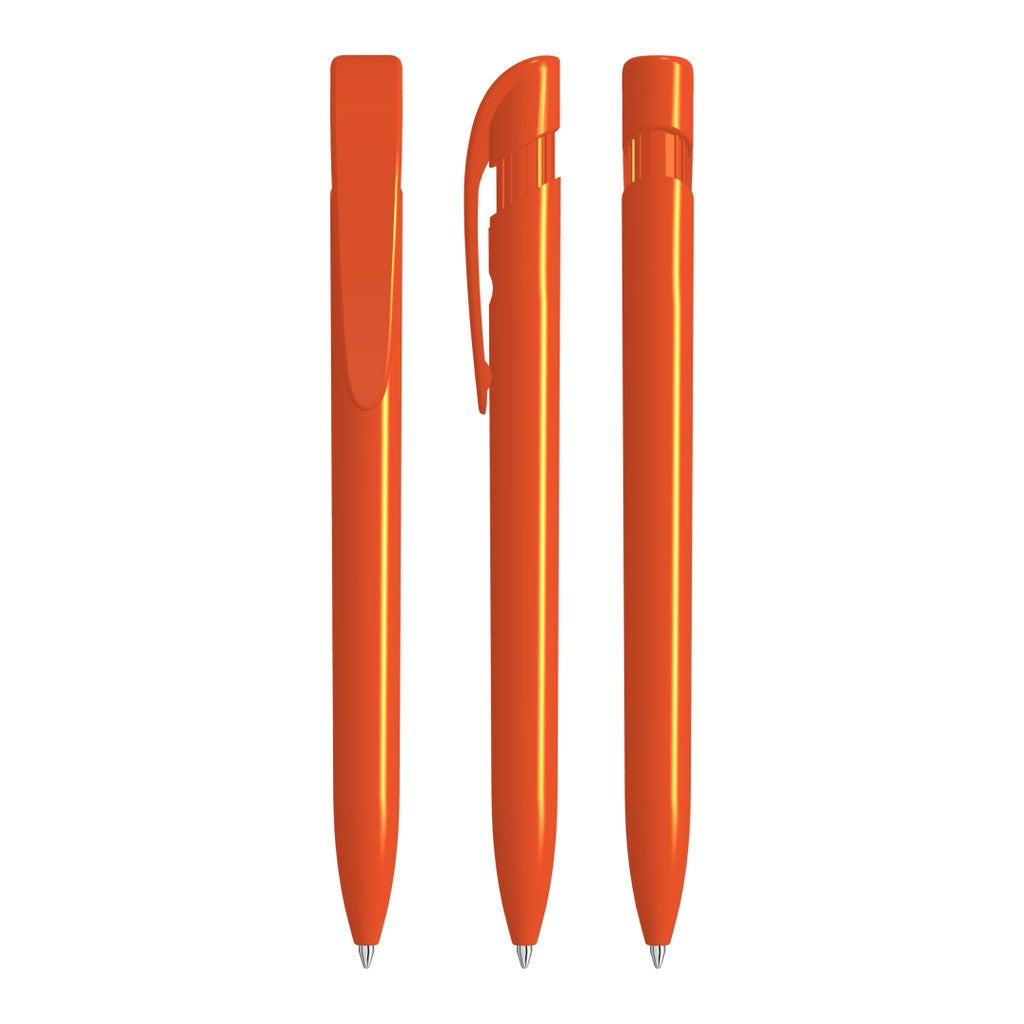 Druckkugelschreiber mit glänzendem Gehäuse und breitem Clip – Orange