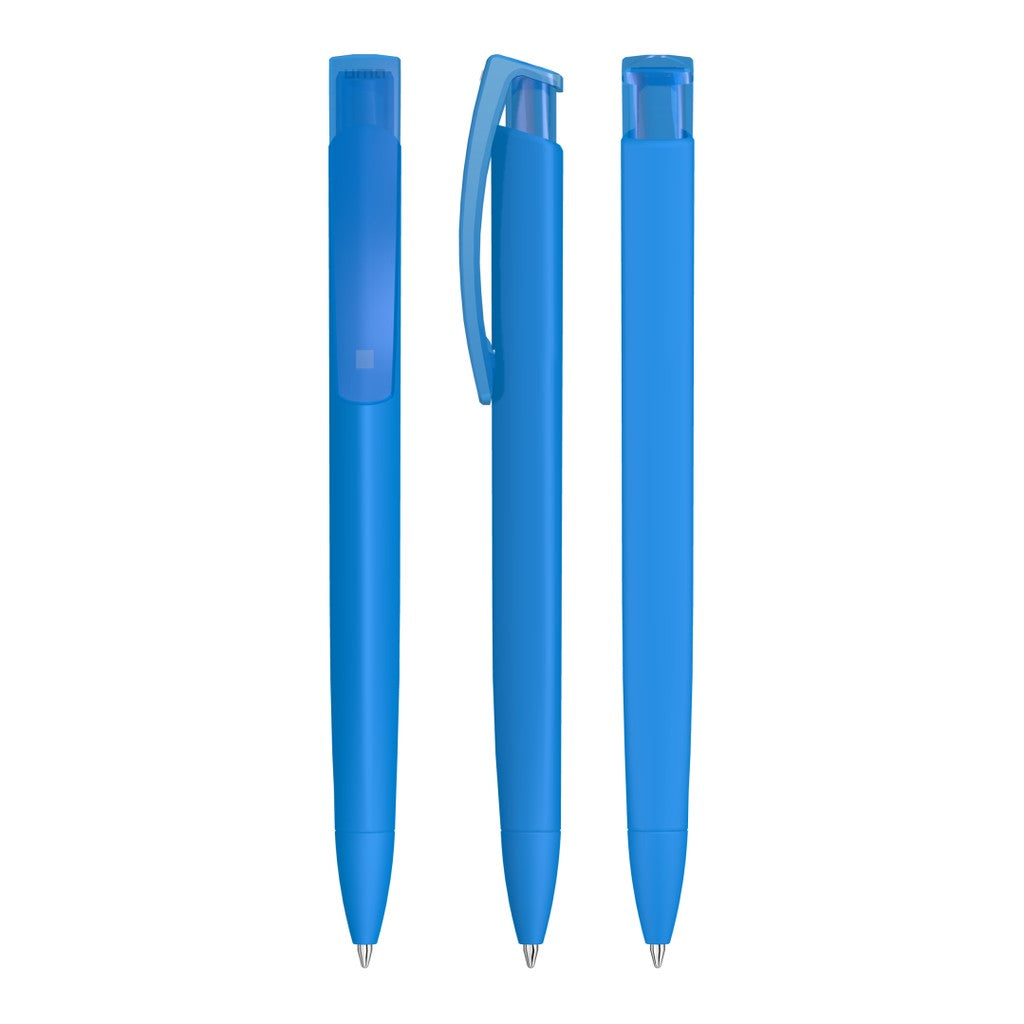 Druckkugelschreiber mit Gum Griff und transparentem Clip – Hellblau