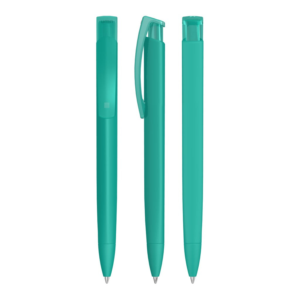 Druckkugelschreiber mit Gum Griff und transparentem Clip – Petrol