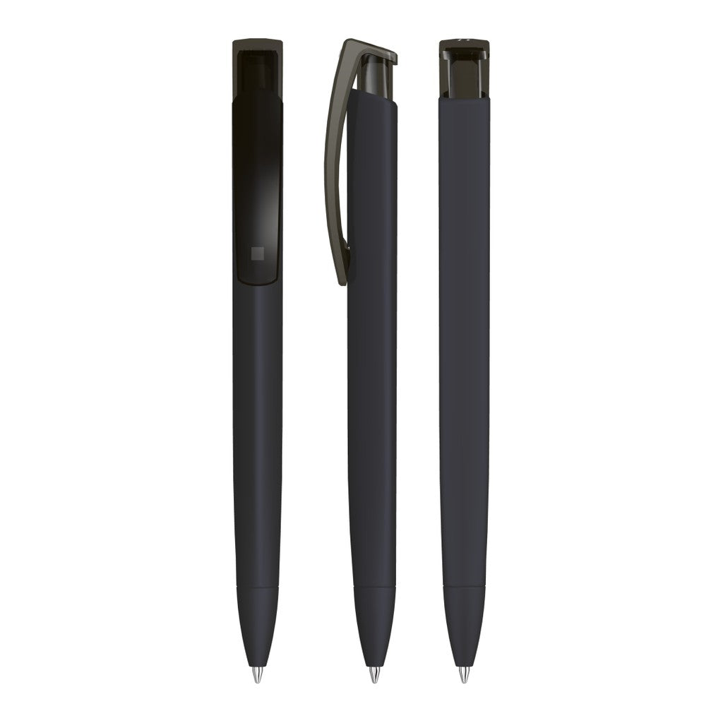 Druckkugelschreiber mit Gum Griff und transparentem Clip – Schwarz