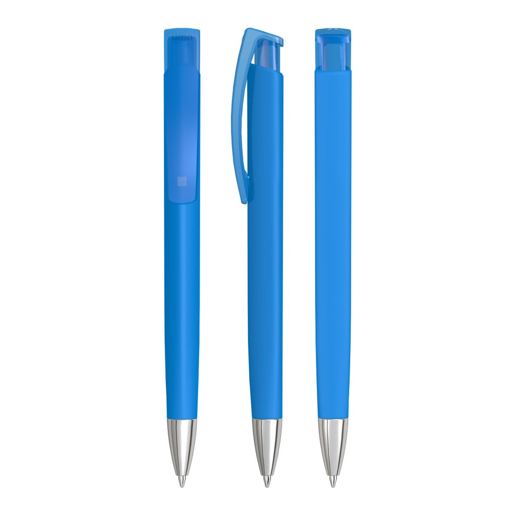 Druckkugelschreiber mit Gum Griff und verchromter Spitze – Hellblau