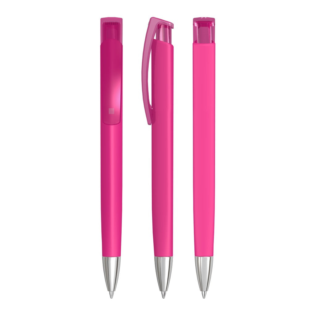 Druckkugelschreiber mit Gum Griff und verchromter Spitze – Magenta