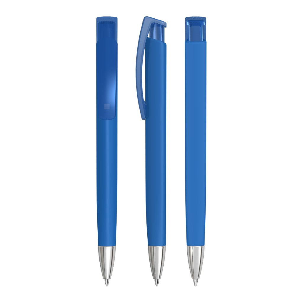 Druckkugelschreiber mit Gum Griff und verchromter Spitze – Mittelblau