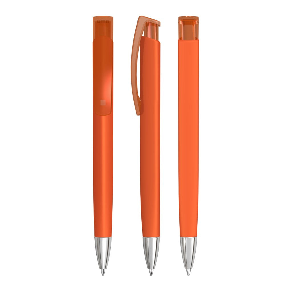Druckkugelschreiber mit Gum Griff und verchromter Spitze – Orange