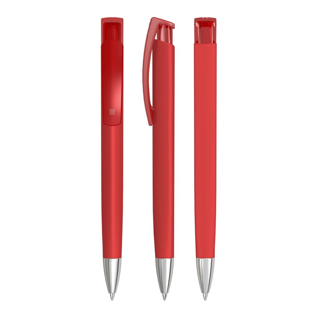 Druckkugelschreiber mit Gum Griff und verchromter Spitze – Rot