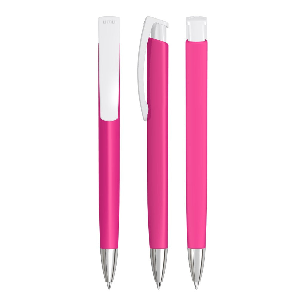 Druckkugelschreiber mit Gum Oberfläche und weißem Clip – Magenta