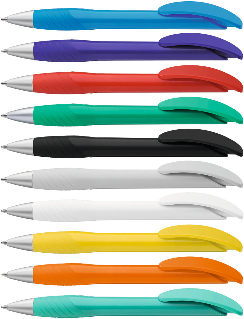 Druckkugelschreiber mit Metallspitze und Gummigriffzone – alle Farben
