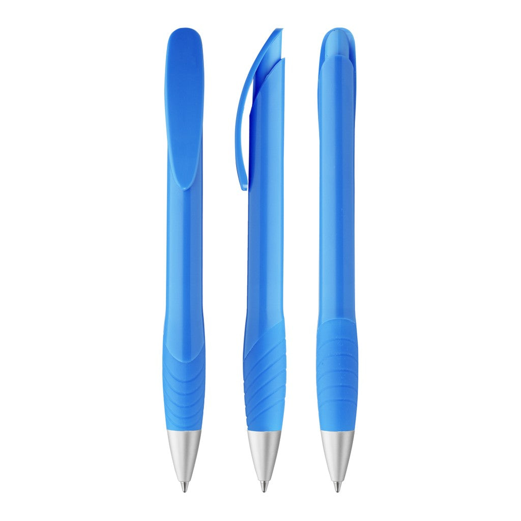 Druckkugelschreiber mit Metallspitze und Gummigriffzone – Hellblau