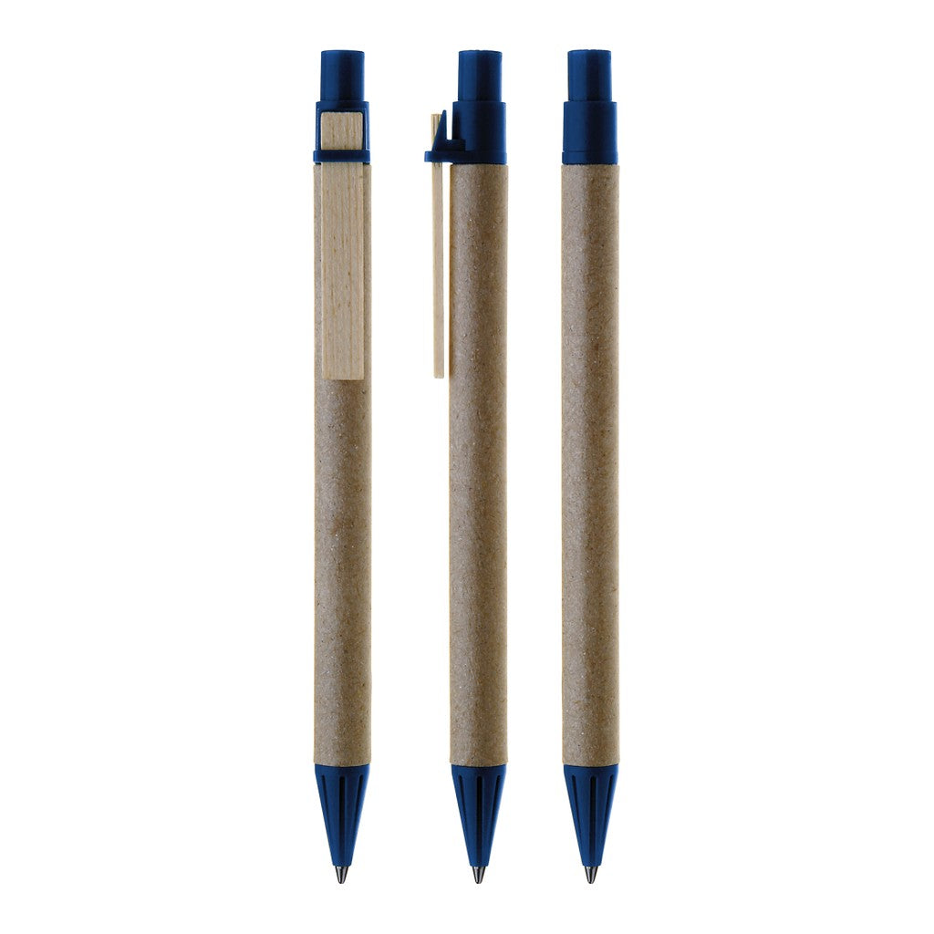 Druckkugelschreiber mit Schaft aus Pappe und Holzclip – Mittelblau
