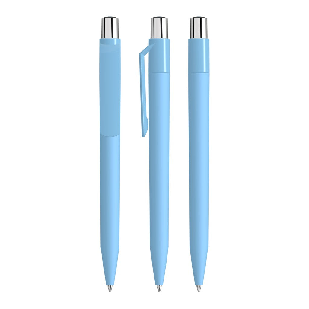 Druckkugelschreiber mit Soft Touch Schaft und gedecktem Clip – Hellblau