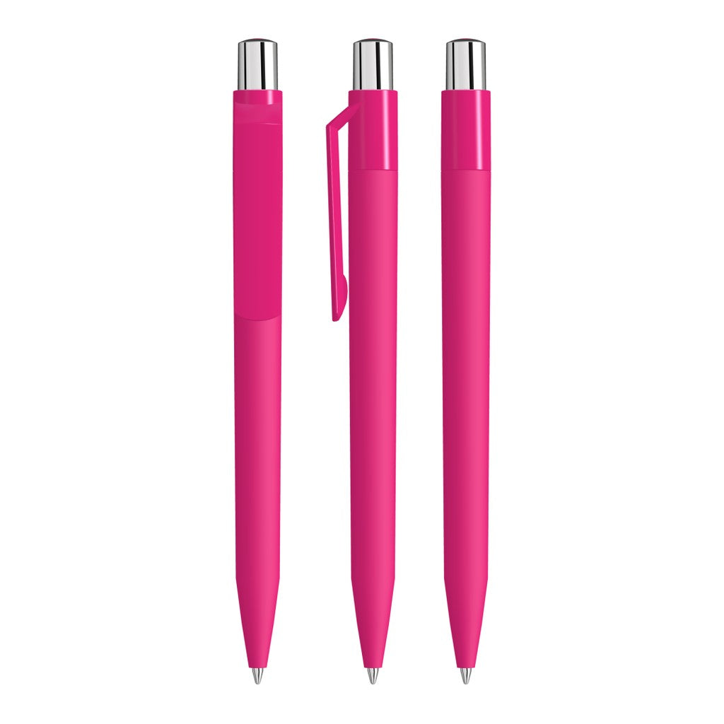 Druckkugelschreiber mit Soft Touch Schaft und gedecktem Clip – Magenta