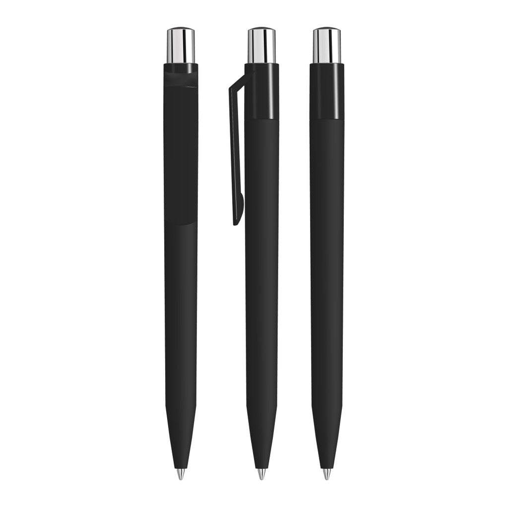 Druckkugelschreiber mit Soft Touch Schaft und gedecktem Clip – Schwarz