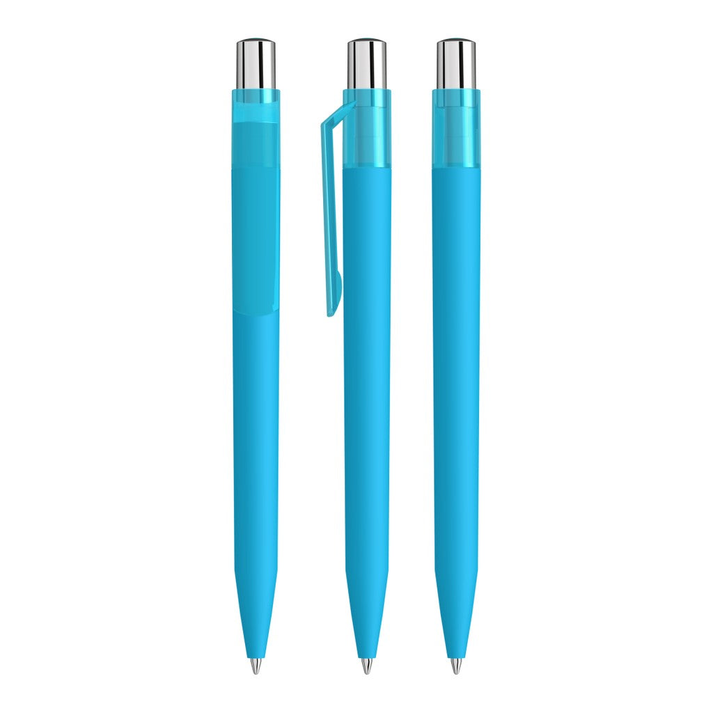 Druckkugelschreiber mit Soft Touch Schaft und Silberdrücker – Cyan
