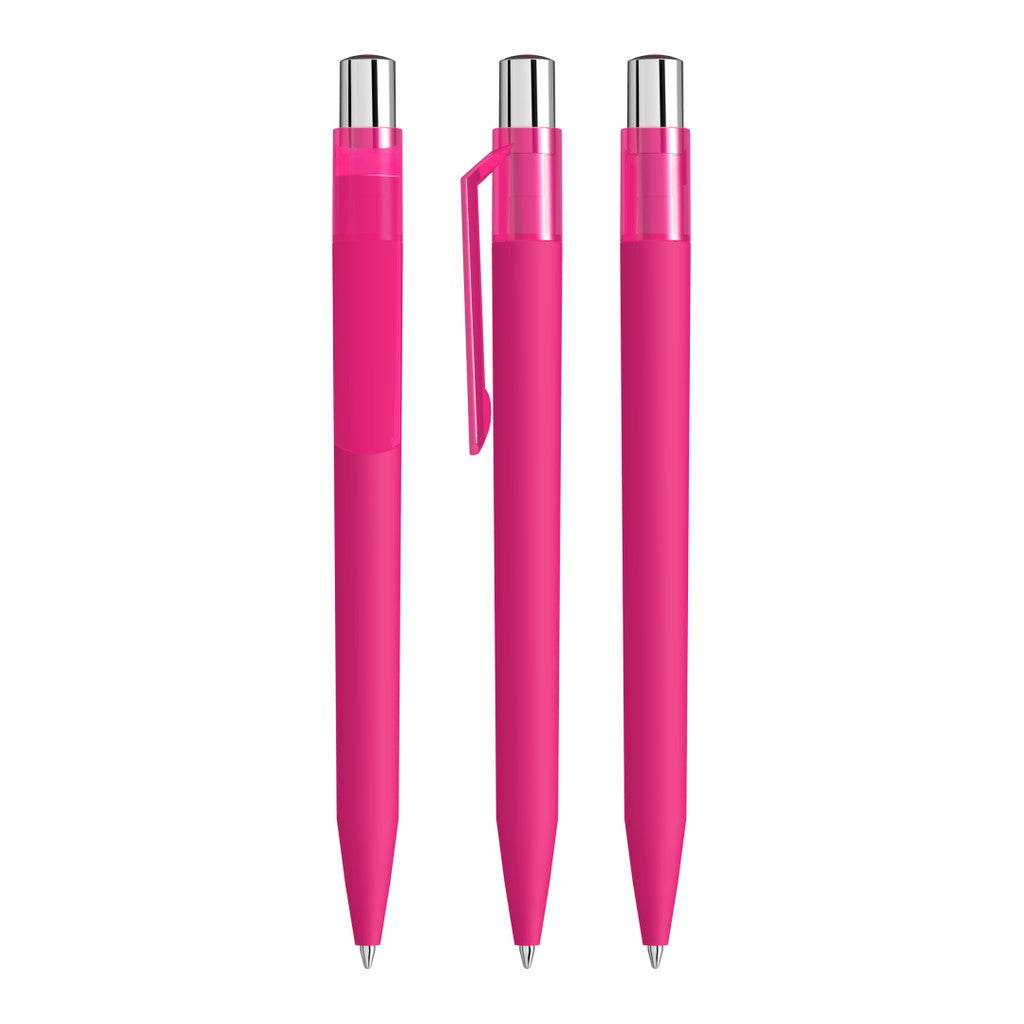 Druckkugelschreiber mit Soft Touch Schaft und Silberdrücker – Magenta