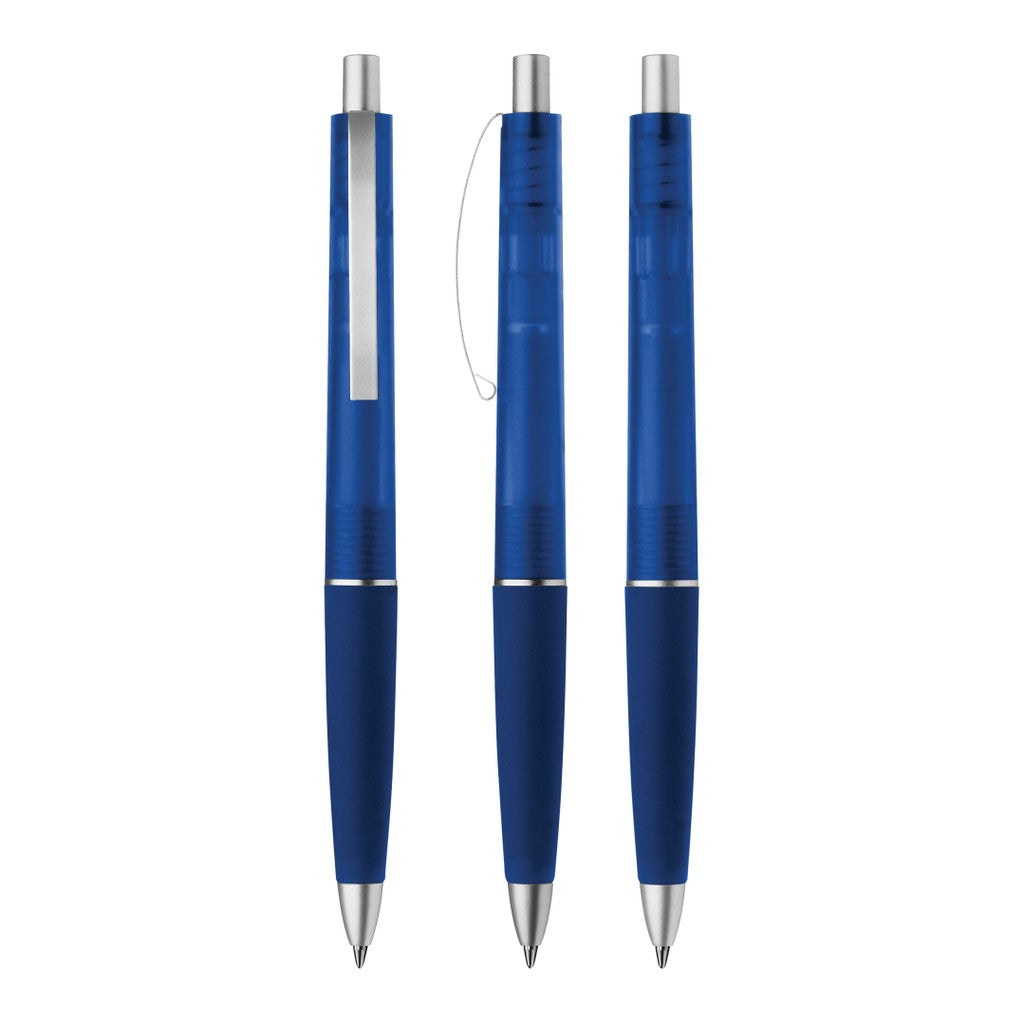 Druckkugelschreiber transparent frozen mit Metallclip – Dunkelblau